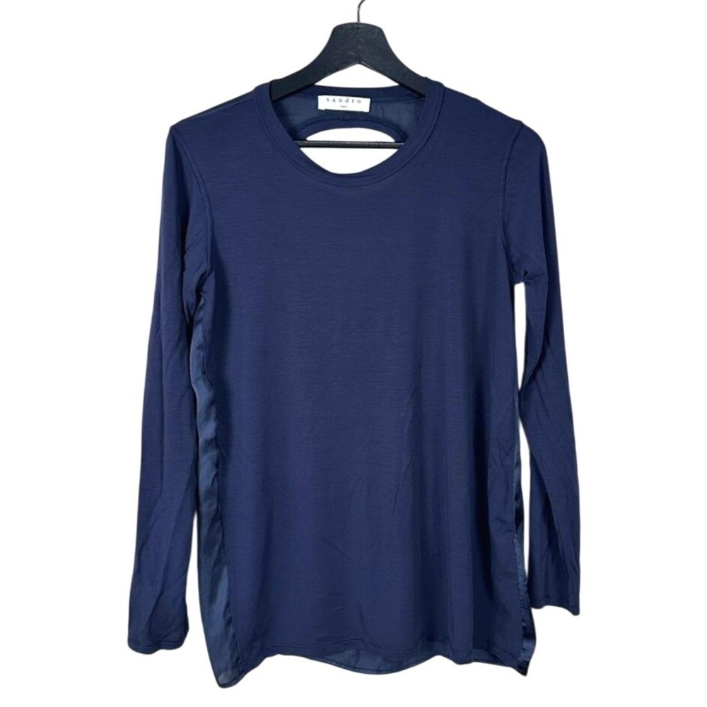 Sandro Long Sleeve Top Womens Small Navy Blue Like New Keyhole Back Mixed‎ Media